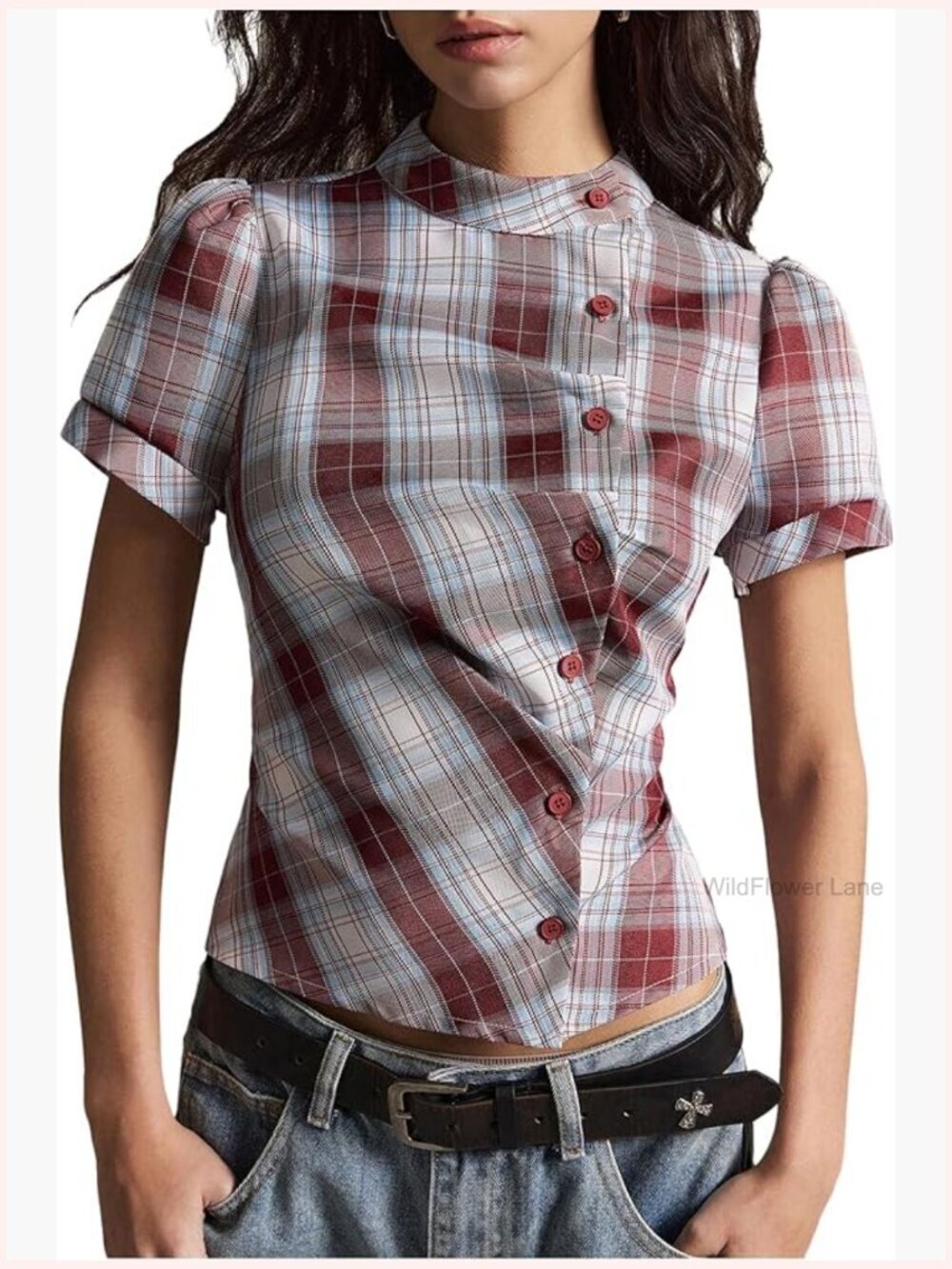 Plaid Blouse Dressy Casual Work Short Sleeve Vintage Button Down Shirt
